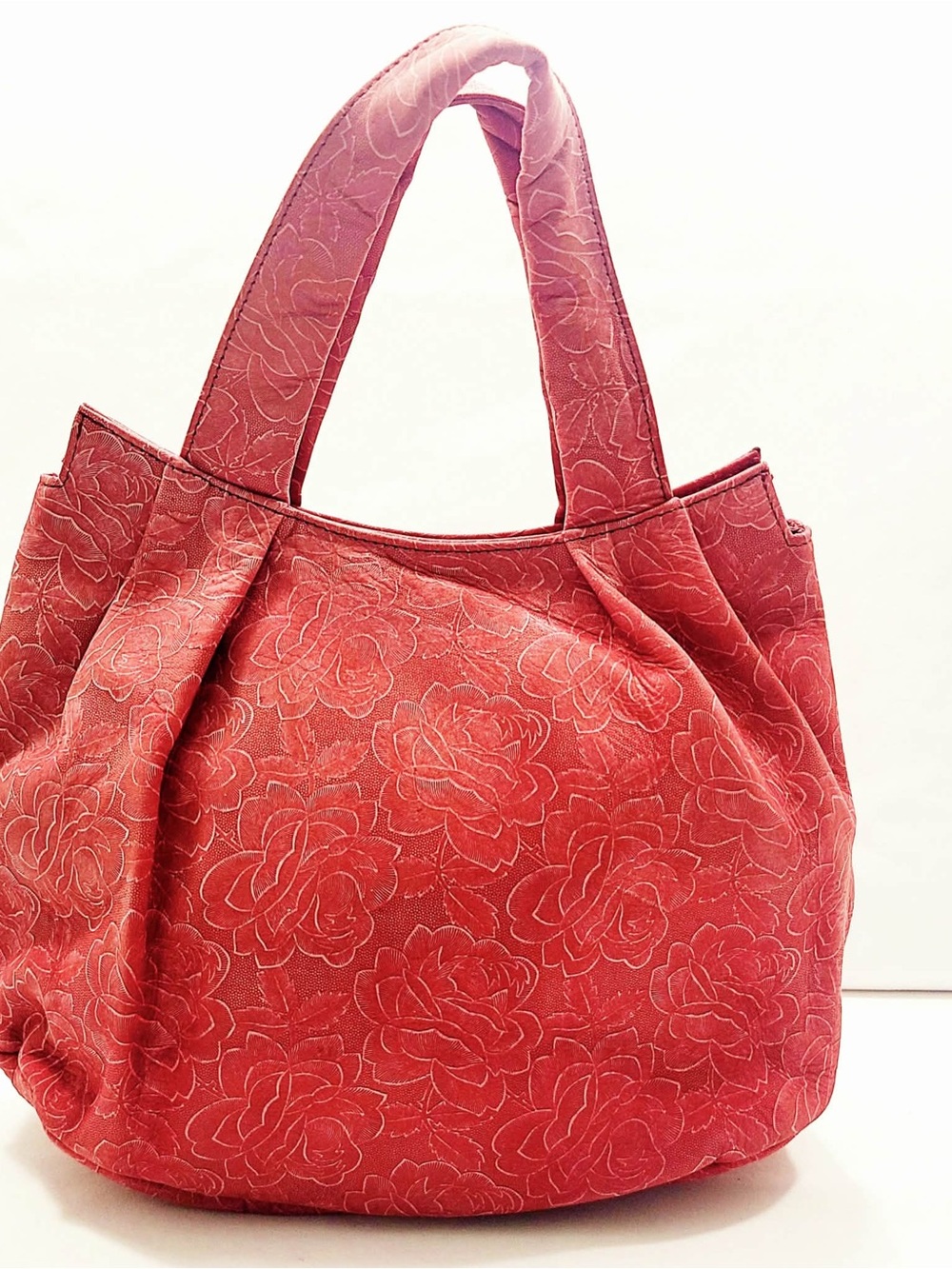 Red Floral Embossed Shoulder Tote Bag